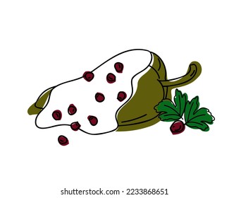 Chile en nogada - Mexican food Chile Relleno or Poblano chili. Flat and doodle vector illustration