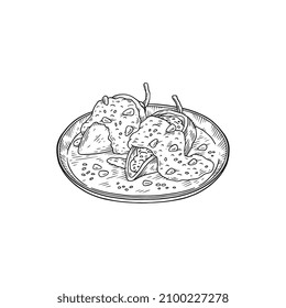 Chile en nogada Mexican traditional dish, sketch monochrome hand drawn vector illustration isolated on white background. Chiles en Nogada meal of Mexican cuisine.