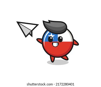 chile flag badge cartoon character throwing paper airplane , cute style design for t shirt, sticker, logo element
