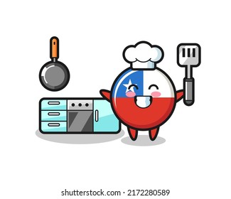 chile flag badge character illustration as a chef is cooking , cute style design for t shirt, sticker, logo element