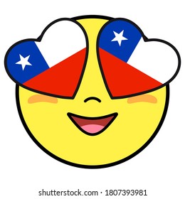 Chile flag button. Patriotic smile in hearts glasses. Emoji icon isolated on white background.