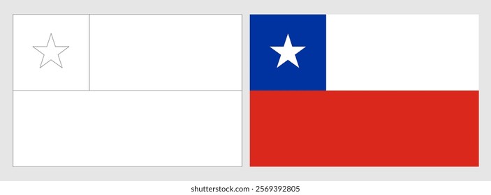 Chile flag - coloring page. Set of white wireframe thin black outline flag and original colored flag.