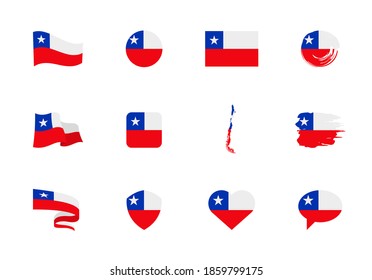 Chile flag - flat collection. Flags of different shaped twelve flat icons. Vector illustration set