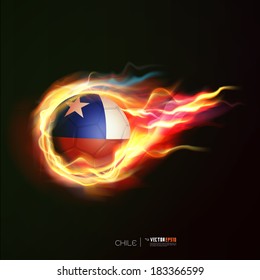 Chile flag with flying soccer ball on fire isolated black background, vector illustration