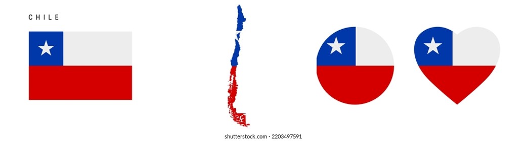 Chile flag icon set. Chilean pennant in official colors and proportions. Rectangular, map-shaped, circle and heart-shaped. Flat vector illustration isolated on white.