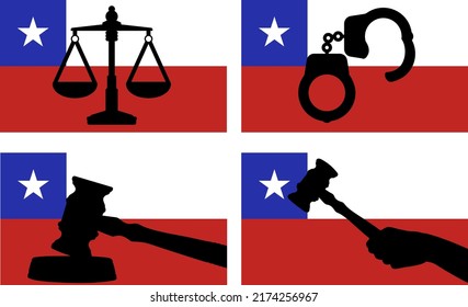 Chile flag with justice vector silhouette, judge gavel hammer and scales of justice and handcuff silhouette on country flag, Chile law concept, design asset, freedom idea