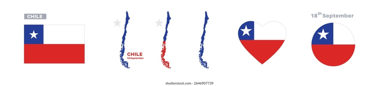 chile flag and map set. chile flag in official colors and proportions. independence day 18 september, map, circle and heart shaped chile