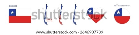 chile flag and map set. chile flag in official colors and proportions. independence day 18 september, map, circle and heart shaped chile