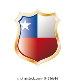 Chile flag on metal shiny shield vector illustration. Collection of flags on shield against white background. Abstract isolated object.