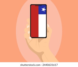 Chile flag on mobile phone screen, holding smartphone, advertising social media or banner concept, Chile flag showing on phone screen, technology news idea