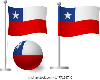 Chile flag on pole and ball. Metal flagpole. National flag of Chile vector illustration