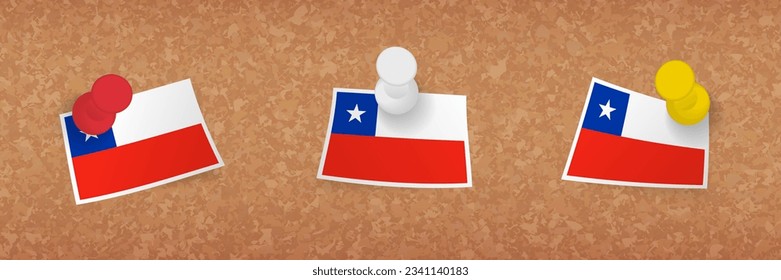 Chile flag pinned in cork board, three versions of Chile flag. Vector pushpins and flag set.