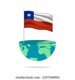 Chile flag pole on globe. Flag waving around the world. Easy editing and vector in groups. National flag vector illustration on white background.