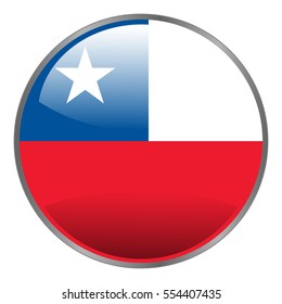 Chile flag. Round glossy isolated vector icon with national flag of Chile on white background. Round glow glass button.