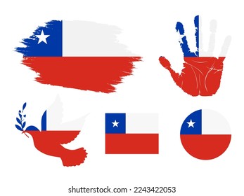 Bandera de Chile, bandera de la colección de Chile. Bandera en forma de grunge, Dove, Handprint, cuadrado y redondo. ilustración vectorial