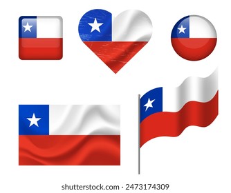 Chile flag set of icons. Vector flag of Chile, symbol. Set of Chile flags button, waved, heart.