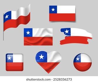 Chile flag set of icons. Vector flag of Chile, symbol. Set of Chile flags button, brush, waved, heart.