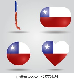 Chile flag set in map, oval, circular and heart shape.