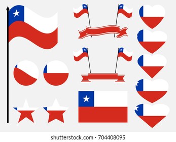 Chile flag set symbols, flag in heart. Vector illustration