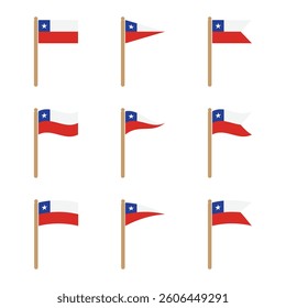 Chile flag set, various styles, with pole, isolated, vector, icons