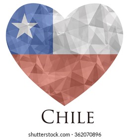 Chile flag shape heart in geometric rumpled triangular low poly origami style graphic illustration,mosaic polygonal style.Symbol of love to country.Retro or vintage style background.