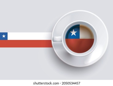 Chile flag with a tasty coffee cup on top view and a gradient background. Hot beverage with Chile flag, vector illustration.