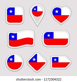 Chile flag vector set. Chilean flags stickers collection. Isolated geometric icons. National symbols badges. Web, sport page, patriotic, travel, school, design elements Different shapes