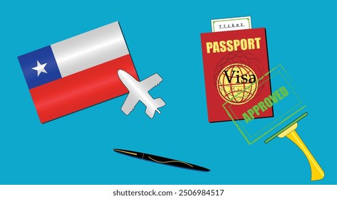 Chile flag with white plane icon. Passport with visa approved stamp. Black stylish Pen. Chilian Travel poster. Editable vector EPS available