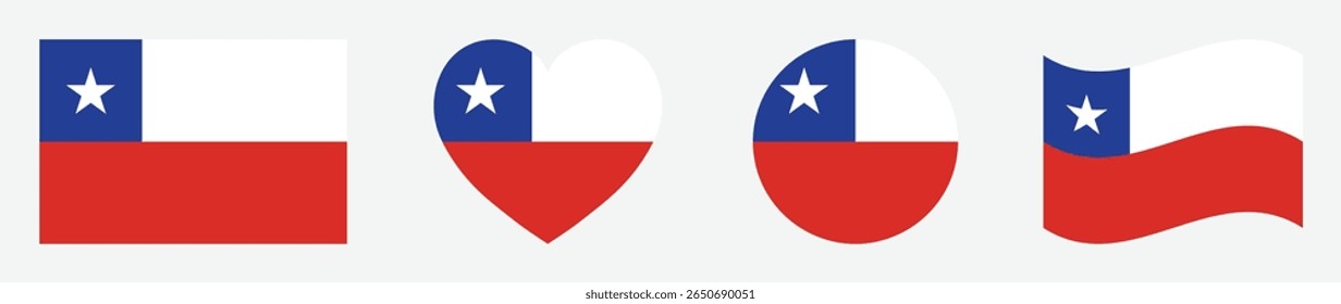 Bandeiras do Chile definidas em quadrado, coração, círculo e ondulação formatos projeta elemento. Coleção de bandeiras do Chile. Conjunto de ícones de bandeiras chilenas isolados em fundo cinza. Ilustração vetorial.