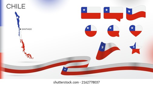 Chile flags set. Various designs. Map and capital city. World flags. Vector set. Circle icon. Template for independence day. Collection of national symbols. Ribbon with colors of the flag.