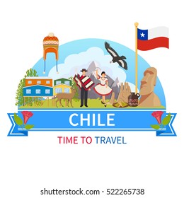 Chile flat composition with man and woman in ethnic clothes flora and fauna of national Park and historical landmarks icons vector illustration