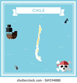 Chile flat treasure map. Colorful cartoon treasure map of Chile with flat icons of pirate ship, jolly roger, treasure chest and banner ribbon. Flat design vector illustration.