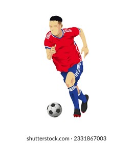 Chile football player dribbling the ball wearing home kit jersey. Red and Blue color uniform.
