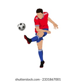 Chile football player kick the ball wearing home kit jersey. Red and Blue color uniform.