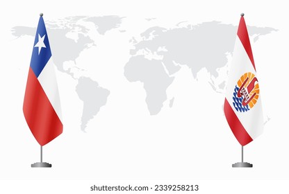 Chile and French Polynesia flags for official meeting against background of world map.