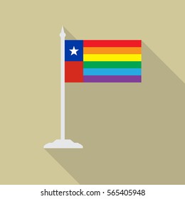 Chile gay pride flag  with flagpole flat icon with long shadowt. LGBT community flag.