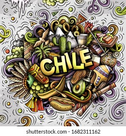 Chile hand drawn cartoon doodles illustration. Funny travel design. Creative art vector background. Handwritten text with elements and objects. Colorful composition