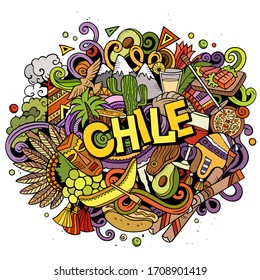 Chile hand drawn cartoon doodles illustration. Funny travel design. Creative art vector background. Handwritten text with elements and objects. Colorful composition