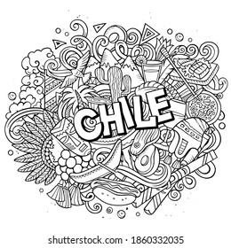 Chile hand drawn cartoon doodles illustration. Funny travel design. Creative art vector background. Handwritten text with elements and objects. Line art composition