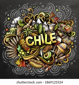 Chile hand drawn cartoon doodles illustration. Funny travel design. Creative art vector background. Handwritten text with elements and objects. Colorful composition