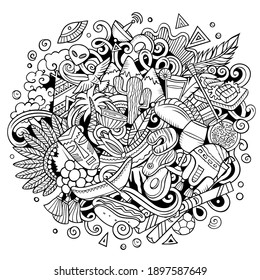 Chile hand drawn cartoon doodles illustration. Funny travel design. Creative art vector background. Chilean elements and objects. Colorful composition