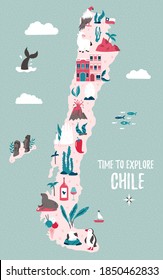 Chile hand drawn vector map with famous symbols, landmarks of the country and Easter island. Design, banner for travel guides, prints, souvenirs