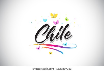 Chile Handwritten Word Text with Butterflies and Colorful Swoosh Vector Illustration Design.