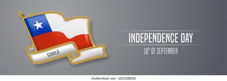 Chile happy independence day greeting card, banner vector illustration. Chilean national holiday 18th of September design element with 3D pin with flag