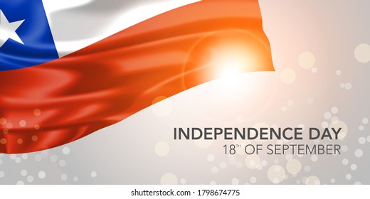Cartel vectorial del día de la independencia chilena, tarjeta de saludo. Bandera ondulada realista chilena en el 18 de septiembre Día nacional patriótico diseño horizontal