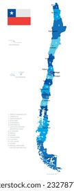 Chile highly detailed map. Vector blue illustration with borders, cities and national flag