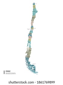 Chile higt detailed map with subdivisions. Administrative map of Chile with districts and cities name, colored by states and administrative districts. Vector illustration.