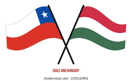 Banderas de Chile y Hungría cruzadas y ondeando estilo plano. Proporción oficial. Colores correctos.