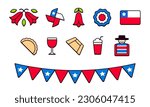 Chile icon set. Traditional Chilean national symbols for Fiestas Patrias (Dieciocho) Independence Day of Chile. Cute and simple cartoon line icons.