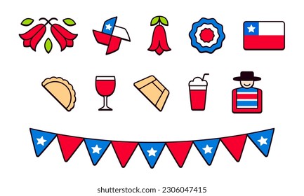 Conjunto de iconos de Chile. Símbolos tradicionales chilenos para las Fiestas Patrias (Dieciocho) Día de la Independencia de Chile. Íconos de la línea de dibujos animados simples y pequeños.